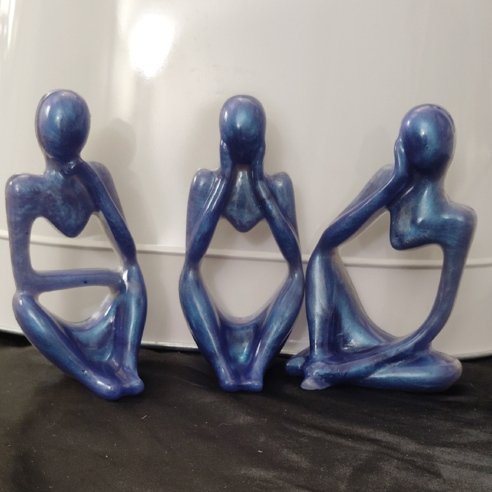 Unique Abstract Blue & Silver Sculpture 3pcs Set.  See, Hear, Say Nothing